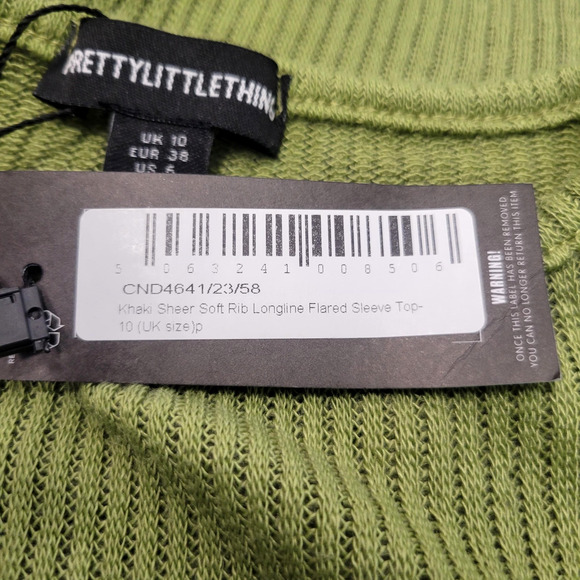 PrettyLittleThing Knit Top Womens 6 Green Sheer Rib Long Sleeve Flared Cuff New - Picture 12 of 12